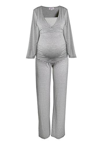 HERZMUTTER Comfortable Maternity Pajamas-Nightwear For Pregnant Women, Striped-Maritime Style, Out Of Soft Viscose, Available In Blue, Grey and White, (Grey, XL)