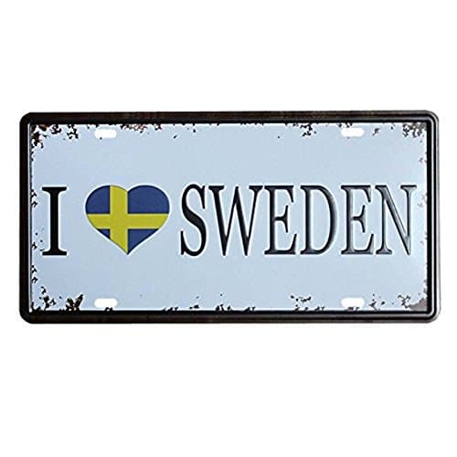 Eureya Retro Vintage Auto License Plate Car Tag Home/Cafe Bar/Pub/Restaurant/Exhibition Wall Decor Art Poster 6" x 12" (I Love Sweden)