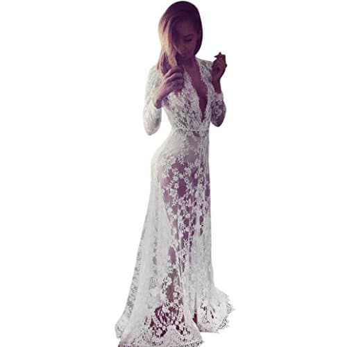 Sunday Women Dress Beach Dress Swimwear Long Sleeve Lace Chiffon Crochet Bikini Cover Up Bathing Suit V-Neck Maxi Dress (XL, White)