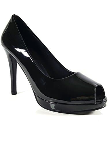 LavishFashion New Women Men Drag Queen Crossdresser Leather Peep Toe Front High Heels Court Shoes Large Size UK 9-UK 12 (UK12, Black Patent)