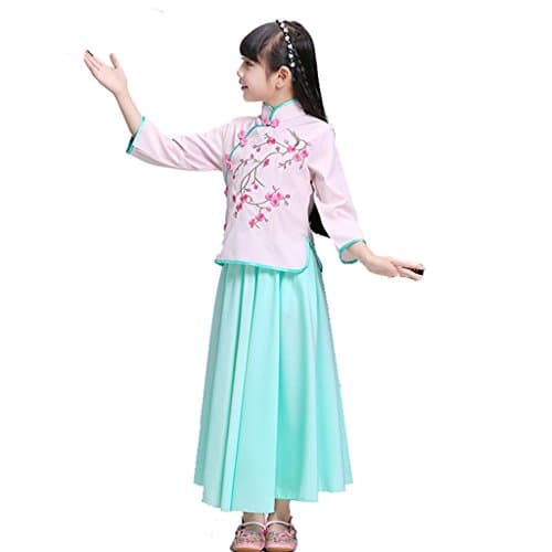 Byjia Girl Cheongsam Chinese Embroidery Dress Children Dance Costumes Classical Kids Stage Performances Students Chorus Group Team Pink 130Cm