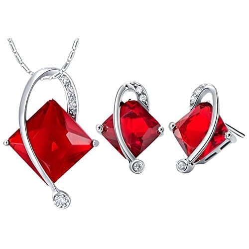 Layla Jewellery 18k White Gold Plated Alloy Swarovski Elements Crystal Jewelry Set include Pendant Necklace and Stud Earrings for Ladies Red(Rectangular)