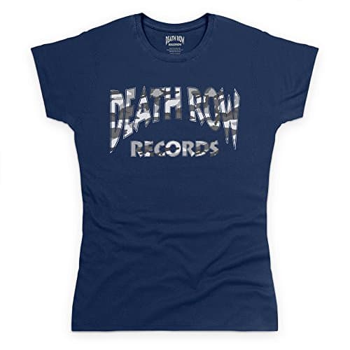 Shotdeadinthehead Official Death Row Records Camo Grey Logo T Shirt, Female, Navy Blue, L
