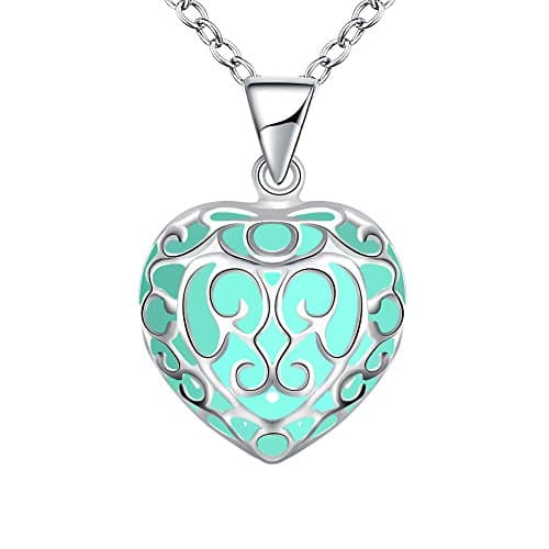 Glow in the Dark Heart Locket Charm Necklace Jewellery Gift for Her(light blue)