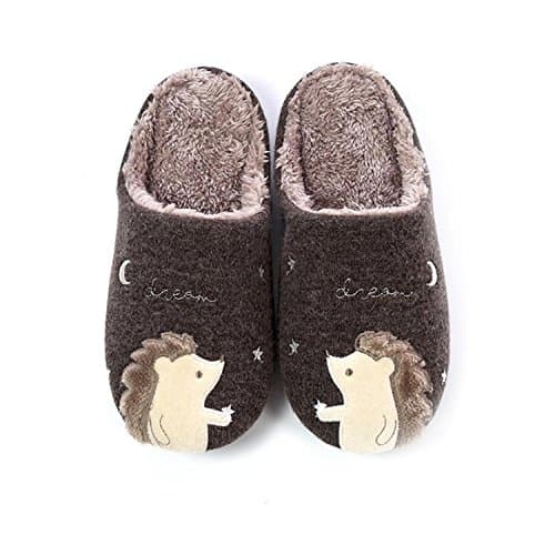 Couples Cotton Slippers Home Cartoon Hedgehog Embroidery Indoor Slippers Wooden Floor Waterproof Non-slip Winter Shoes ( Color : Brown , Size : XL )