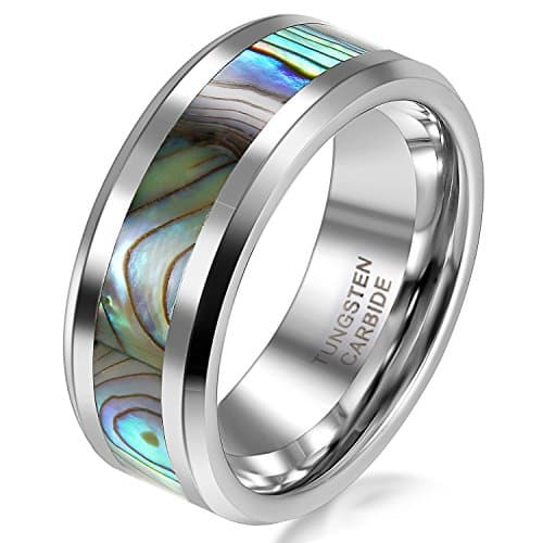 JewelryWeTungsten Love 8mm Comfort Fit High Polish Tungsten Carbide Ring Men's Aniversary/Engagement/Wedding Band with Abalone Inlay (Size 8,9,10,11,12 Selectable) (8.5) : UK Size - Q