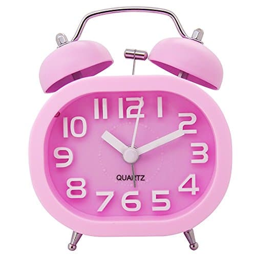 lunaoo 3" Twin Bell Alarm Clock, COOJA Non Ticking Silent Quartz Analog Sweep Battery Clocks with Nightlight and Loud Alarm, Pink