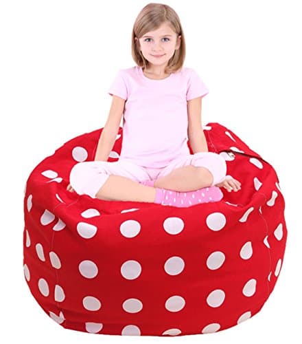 Stuffed Animal Storage Bean Bag Chair, Premium Canvas and Extra Long Zipper Red and White Polka Dot-38"