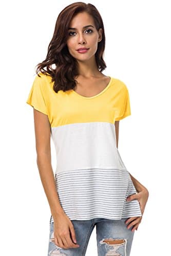 MBIGM Womens Casual Color Block Tunic Tops V-Neck High Low T-Shirt Loose Short Sleeve with Side Split（Yellow, X-Large）