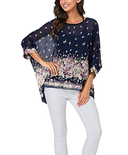 Women Bohemian Floral Printed Blouse Batwing Sleeve Plus Sheer Chiffon Oversize Loose Top Tunic Tops