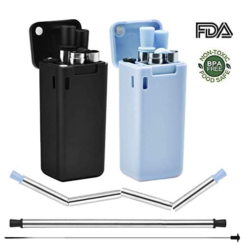 2 piece -set collapsible straw reusable stainless steel collapsible straw end folding high food grade portable set with hard cover cleaning brush (Blue and Pink)