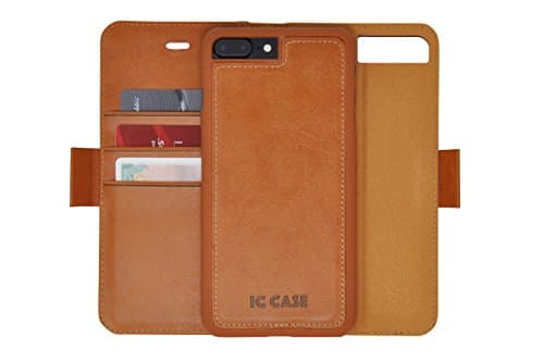 IC CASE Iphone 7 Plus &amp; 8 Plus Wallet Case with Detachable SlimCase, Genuine Leather, RFID Protection, H/V Stands, Gift Box - Brown