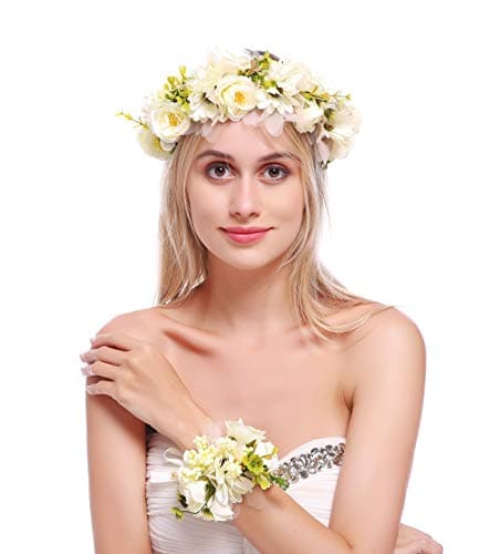 June Bloomy Flower Crown Hair Wreath Maternity Photo Shoot Garland Halo with Wrist Band (R-Beige)