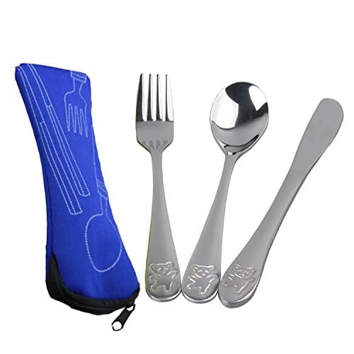 Dovia Stainless Metal Utensil Set, Bear Model, 3-Piece Flatware includes Spoon, Fork, Butter Knife, Colorful Cases (Blue)