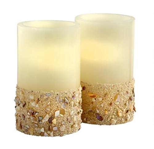 Flameless Real Wax Ocean Sand and Shells LED Pillar Candles with Timers, Set of 2
