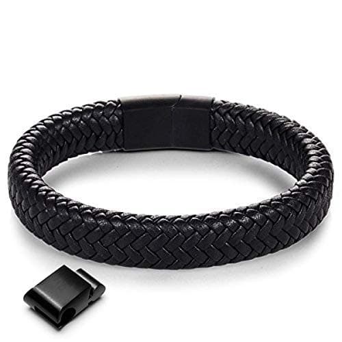 STUSH “Solo” Men & Boy’s Stylish Black Braided Leather with Stainless Steel Nail Charm Bracelet with Black Magnetic Titanium Clasp for Men.