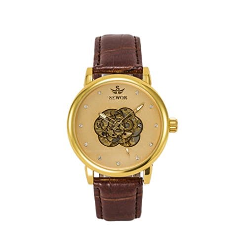 SOAO Luxury Diamond Women Automatic Mechanical Wristwatch Golden Skeleton Leather Band Watch For Girls