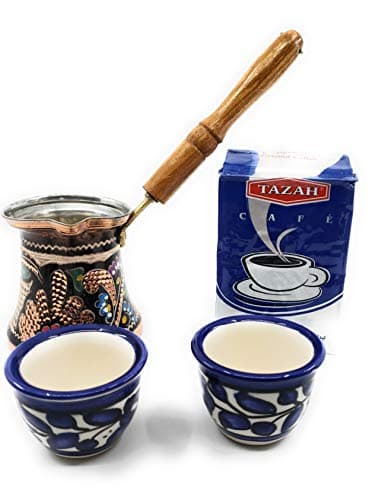 Hand Painted Copper Turkish Coffee Warmer Set with 2 Jerusalem Pottery Cups & 200 gm Tazah Coffee (Gawa No Handle Cups)