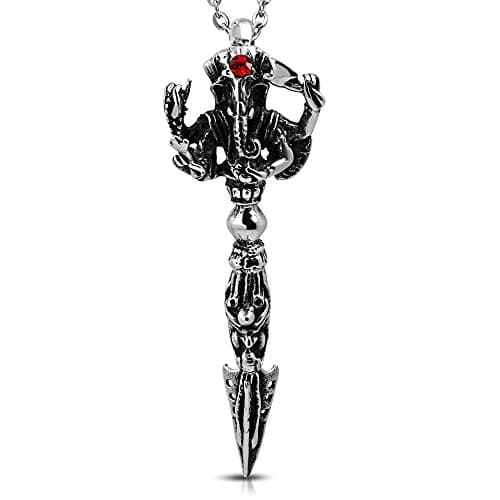 Stainless Steel 2-tone Lord Ganesh Elephant God Hindu Religious Biker Pendant w/ Light Siam Red CZ - PCS146