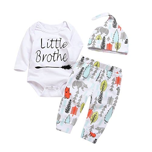 3Pcs Baby Boy Girls Little Brother Arrow Romper Bodysuit+Long Cartoon Animal Pant+Hat Outfit