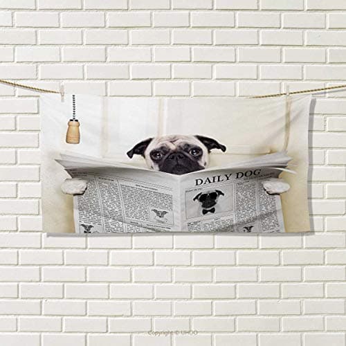 Chaneyhouse Pug,Hand Towel,Puppy Reading The Newspaper on The Toilet Bathroom Funny Image Pug Joke Print,Quick-Dry Towels,Cream Black White Size: W 10" x L 10"