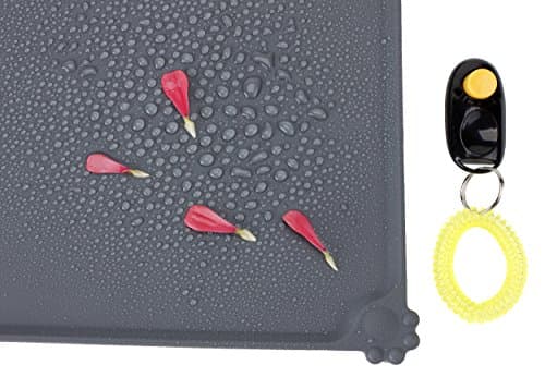 Silicone Dog Food Tray Cat Feeding Mats Puppy Bowl Mate Waterproof Food Mat Feeding Placemat FDA Grade Material for Dogs Cats Birds Rabbits with Training Clicker 18.5”X11.5” by KingBadger (Grey)