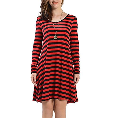 Sigain Women's Long Sleeve Tunics T-Shirt Jumper Loose Swing Casual A Line Flowy Striped Dress,Black+Red Stripes
