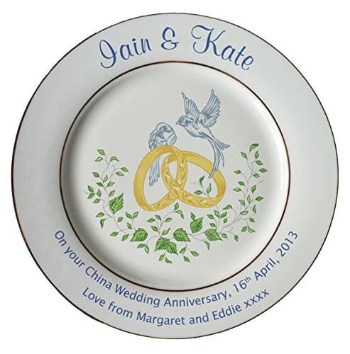 Personalised China Wedding Anniversary Plate with 2 Gold Bands - Rings and Doves Design