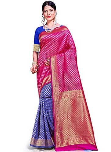 Maple Fashions Weaving Art Silk Designer Traditional Saree in Blue and Hot Pink