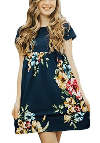COONITA Girl's Casual Mid-Length Short Sleeve Pleated Floral Empire Waist Tank Dress,12 Years Navy