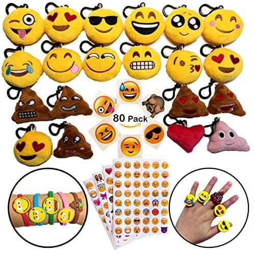 Emoji Party Favors Bracelets, Mini Plush Keychains, Ring, Stickers, Tatoos, Total 80 Pack Toys Party Favors Supplies