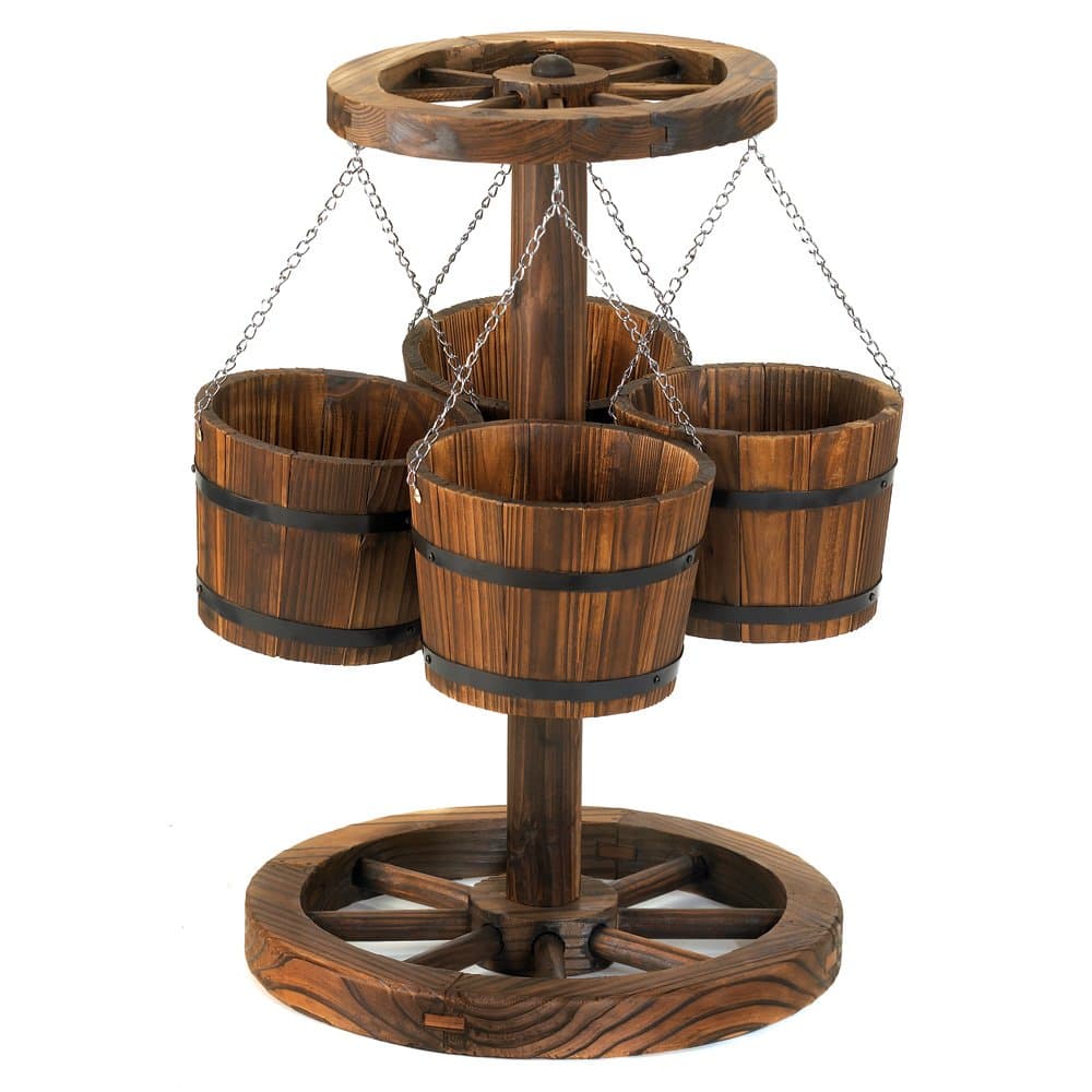 Furniture Creations Wood Wagon Wheel Themed Planter with Buckets