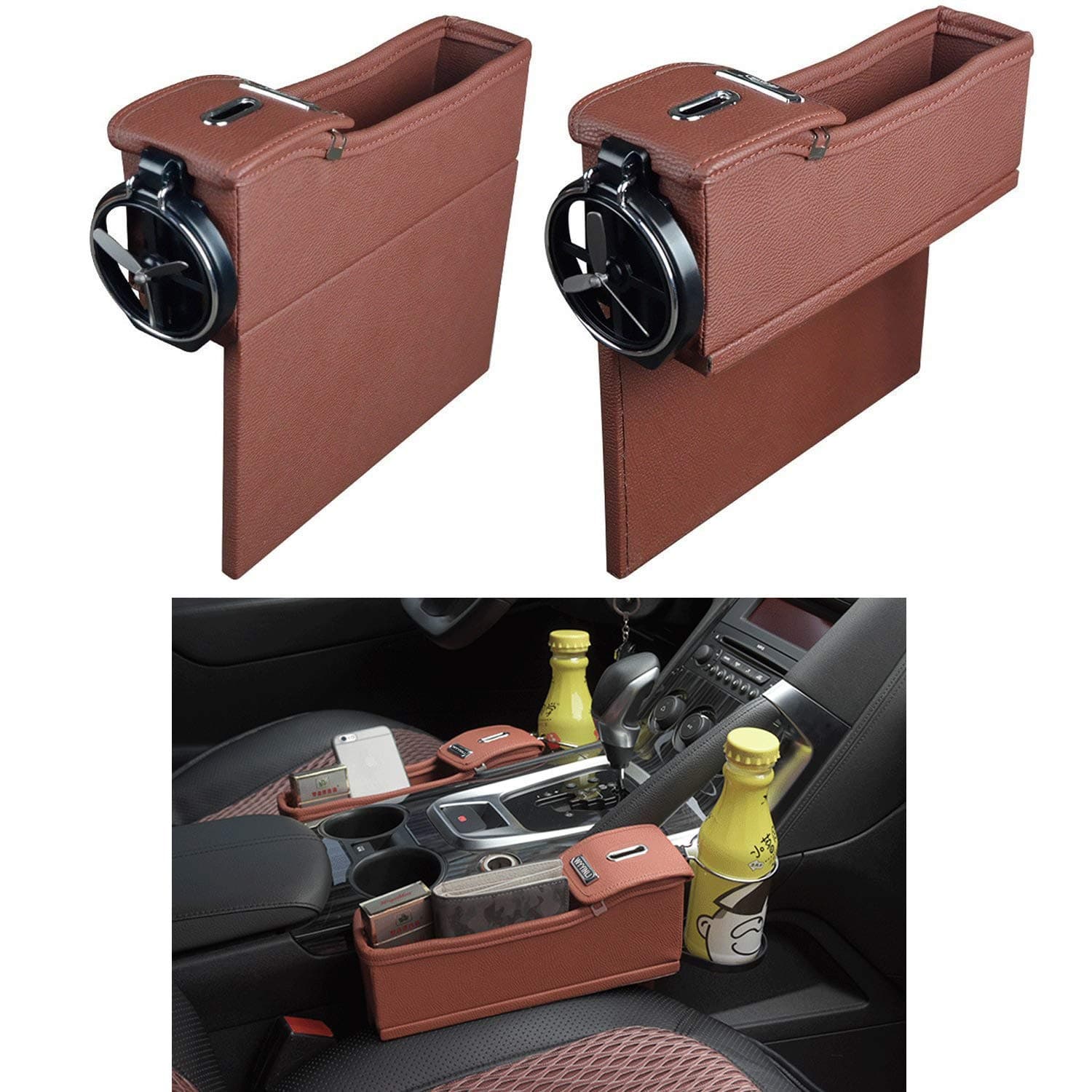 Premium PU Leather Side Pocket Organizer Car Seat Filler Gap Space Storage Box Bottle Cup Holder Coin Collector Car Interior Accessories 2PCS (Brown)