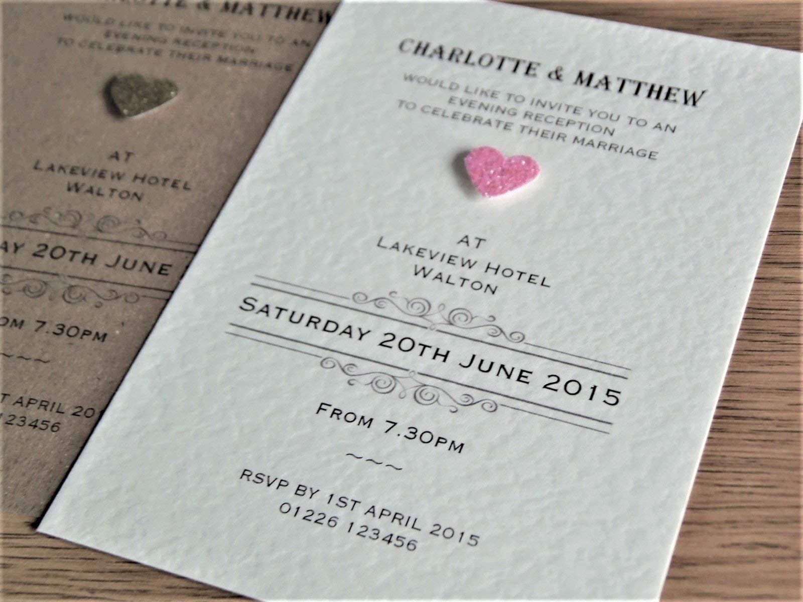 10 Personalised wedding day evening night invitations with envelopes, Vintage glitter heart, ivory or white hammered card