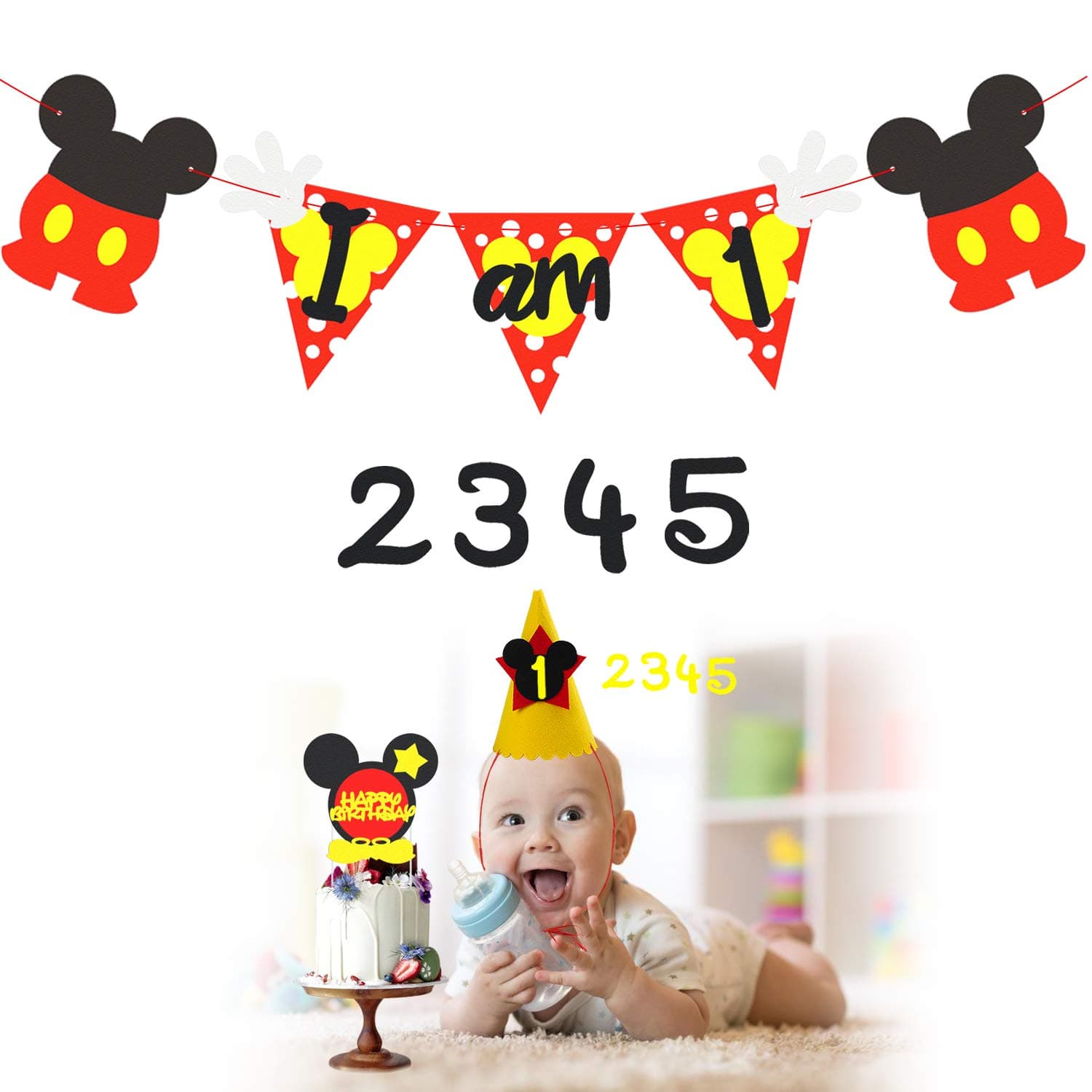 Mickey 1st Birthday Party Banner with Party Hat and Happy Birthday Cake Topper, Mickey Themed Party Decoration Kit for 1-5 Year Old Kids