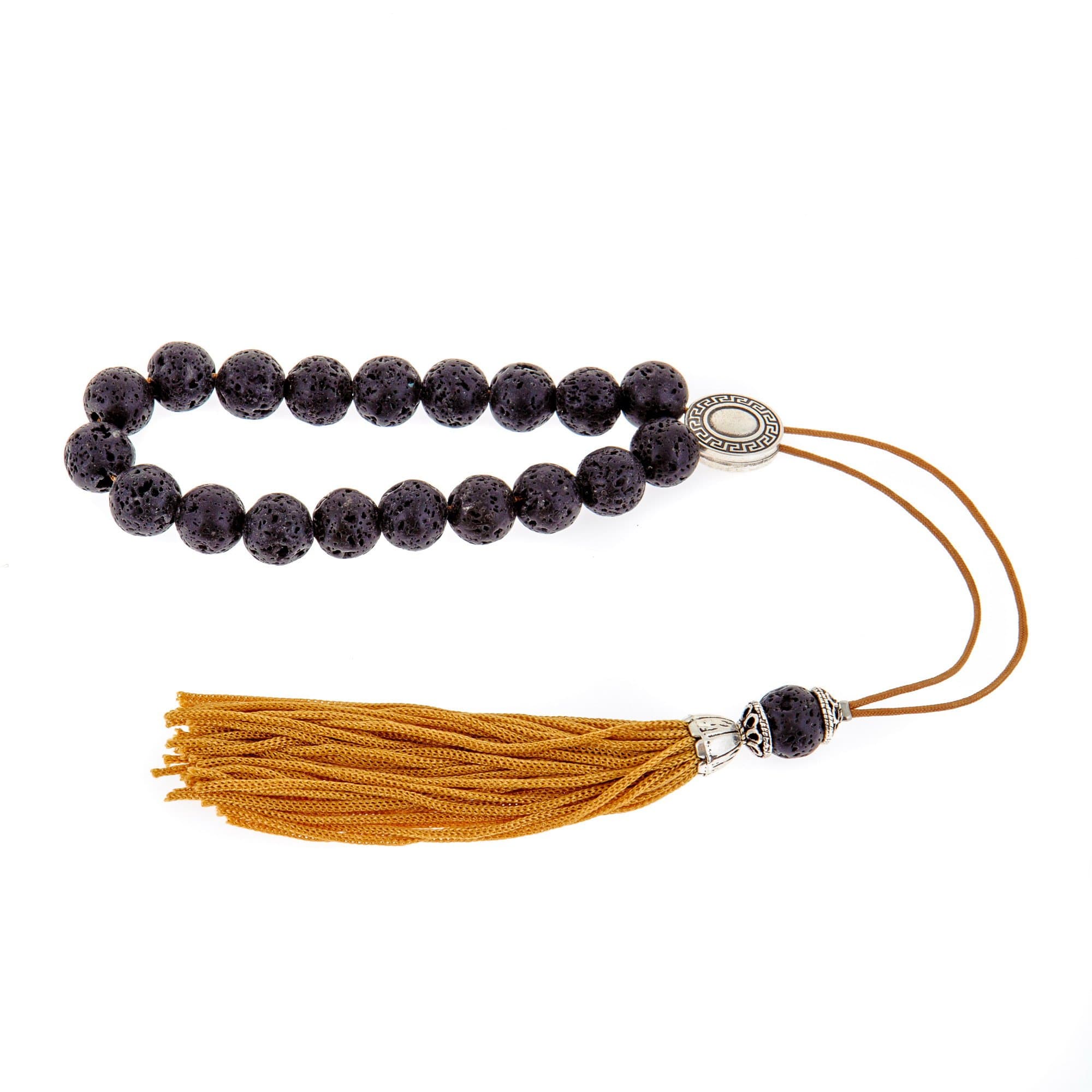 Black Lava Stone, Handmade Greek Worry Beads or Komboloi with Alpaca Metal Parts on Pure Silk Cord & Tassel, Length 33cm (13'')