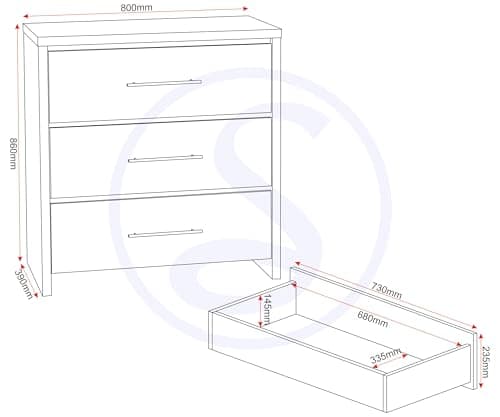 Seconique Seville 3 Drawer Chest in White Gloss/Light Oak Effect Veneer