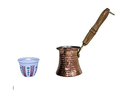 Traditional Style Set of 12 Turkish Arabic Coffee Cups Gawa + Hammered Copper Coffee Warmer with Wooden Handle (12 Oz Pot)