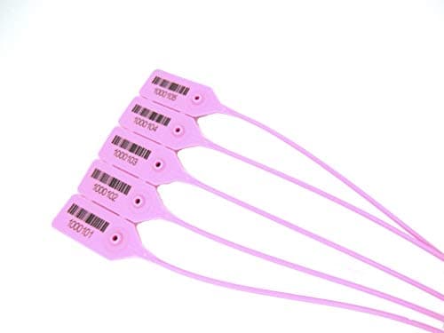 Pull Tight ECO Plastic Seal, 100 Pcs. Pink Color. Size 15 ¾ inches – 400 mm. Numbered, Barcode, Adjustable. Metal Insert, Tamper Tags, Best Rank, Disposable, Safety Lock. BFSEALS