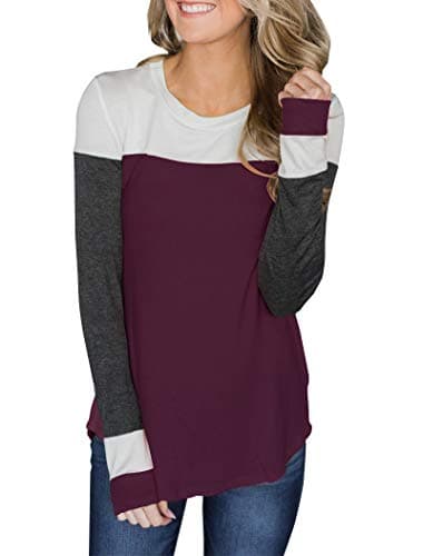Women's Long Sleeve Crew Neck Cute Tunic Color Block Tops