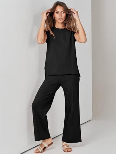 ANRABESS Women 2 Piece Outfits Casual Summer Sleeveless Tops Knit Pants Sweater Lounge Matching Sets 2024 Trendy Clothes