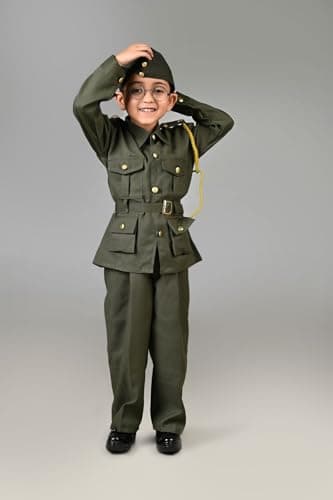 BookMyCostume Cotton Subhash Chandra Bose Freedom Fighter Kids Fancy Dress Costume - Green 14-15 Years