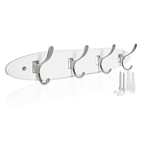 Hookiom Wall Mounted Rack and Coat Hanger Ideal for Office Closet or Hanging The Bathroom Towels. Comes in Satin Nickel on a White Board