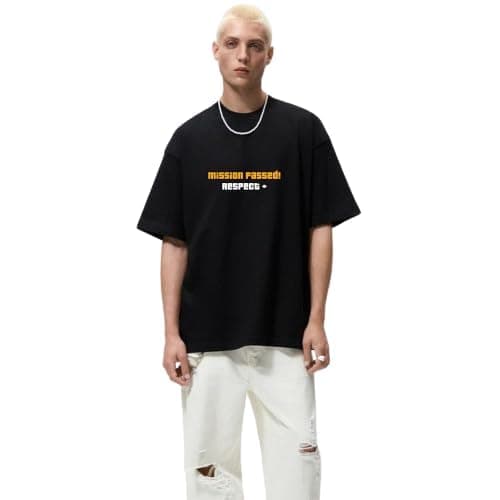 OFFMINT 100% Cotton Mission Passed Men Oversized Tshirt Round Neck Half Sleeves Regular Fit Loose/Baggy T Shirts for Boys and Men (Black)