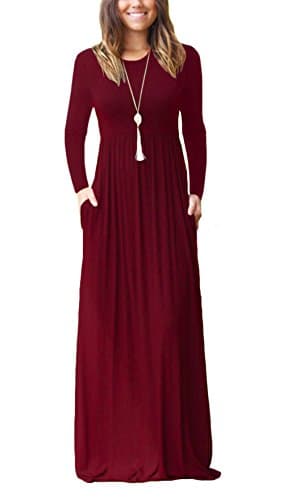 DEARCASEWomen's Long Sleeve Maxi Dress Crewneck Loose Plain Casual Empire Waist Fall Party Long Dresses with Pockets
