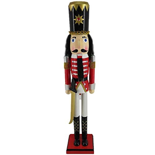 Christmas Holiday Slim Wooden Nutcracker Figure Soldier with Traditional Red Velvet Uniform Jacket with Rhinestones, Gold Sword, and Black Boots & Hat, Large, 36 Inch