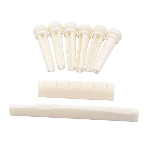 DISENS Acoustic Guitar Bone Bridge Pins,6 String Acoustic Guitar Bone Bridge Saddle and Nut(Made of Real Bone)