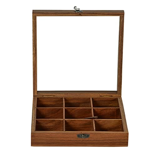 ExclusiveLane Wooden Indian Spice Box With Spoon (9 Partitions, 50 ML Each, Sheesham Wood) - Indian Spice Boxes for Kitchen Masala Dabba Wooden Masala Box Masala Daani Namak Dani Spice Container Rack