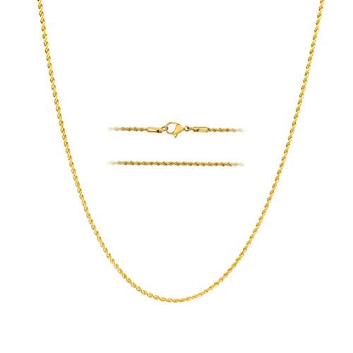 KISPER18k Gold Hip Hop Rope Chain Necklace – Gold Plated Stainless Steel Jewelry for Women & Men with Lobster Clasp
