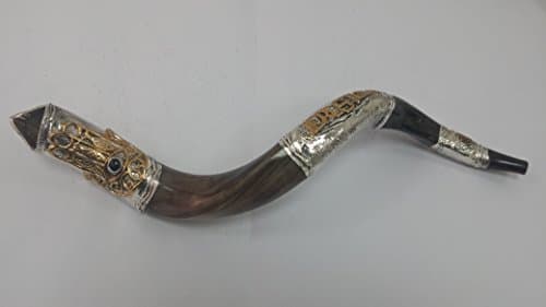Authentic Kudu Shofar with Silver Plating, Hamsa, Jerusalem Inscription & Menorah - 30-32" Curved Length